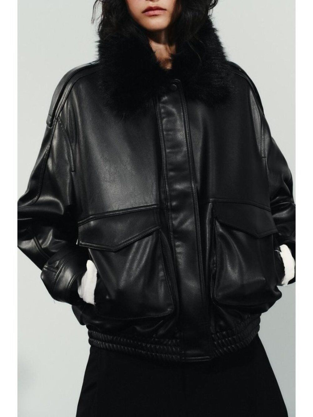 Zara Womens bomber Jacket Detachable Faux Fur Collar S Black 4341/781 NWT